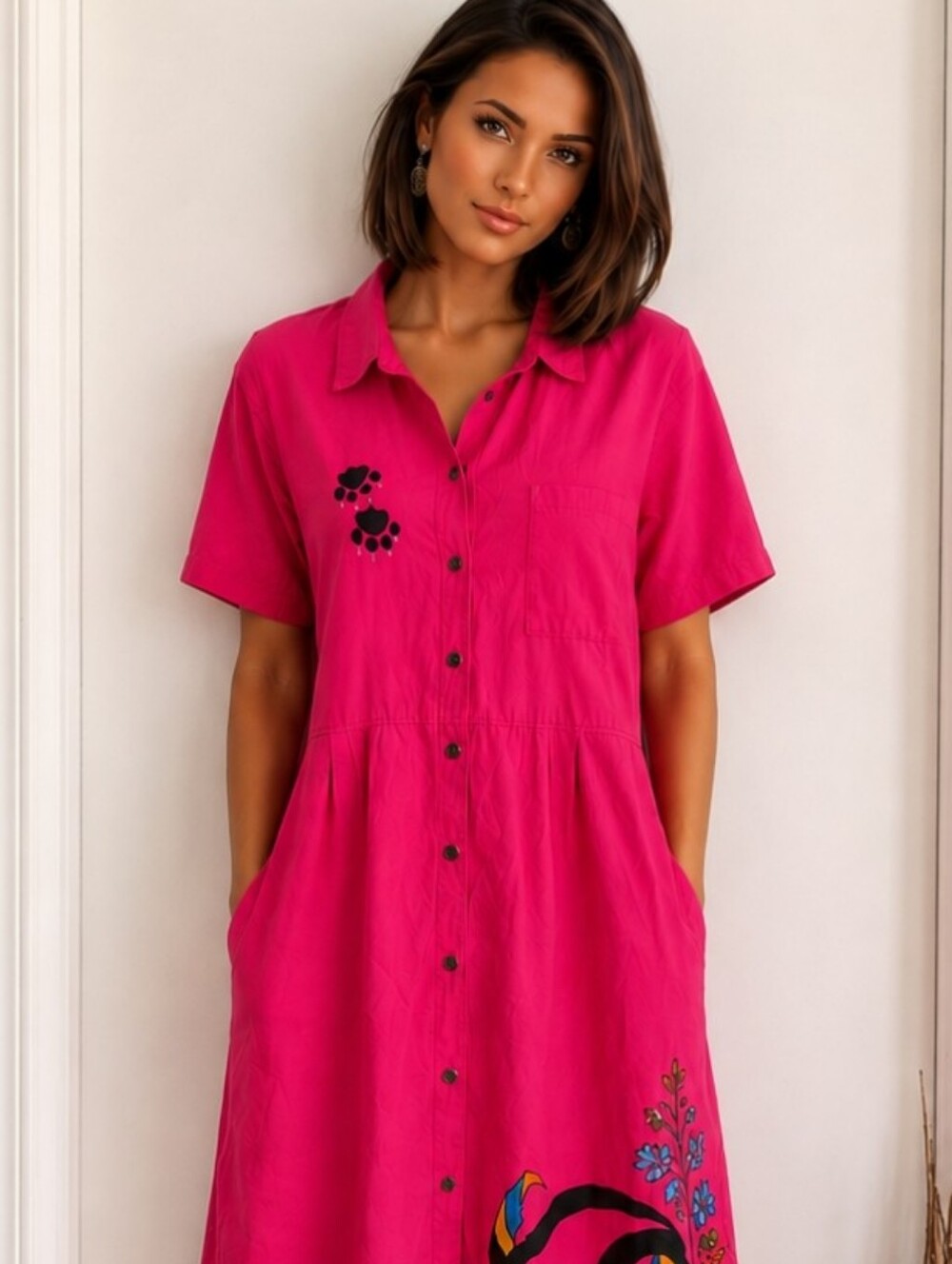 Vintage Iris 80's Colourful Pink Cat Print Maxi Dress | 100% Cotton Pockets Tall - Picture 7 of 10